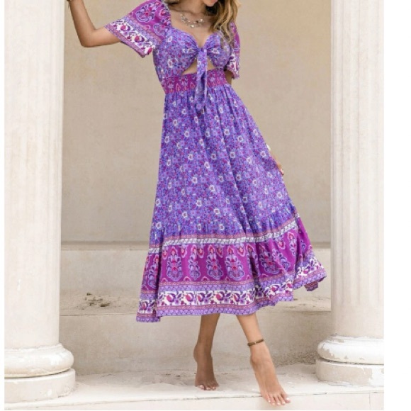 Boho floral print cutout tie front maxi dress - Picture 6 of 6